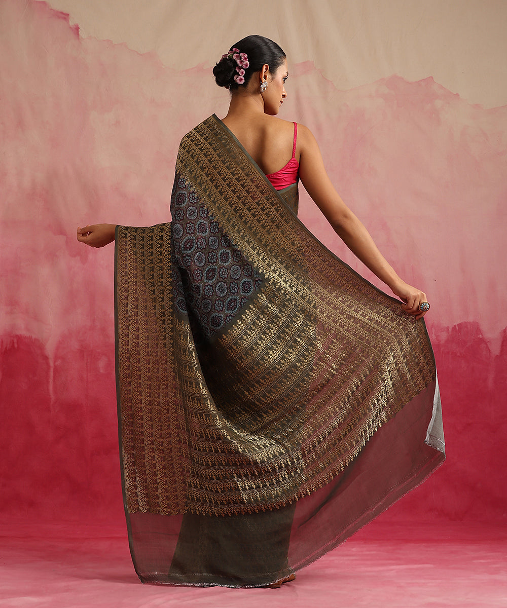Bottle_Green_Handloom_Pure_Georgette_Banarasi_Saree_With_Ajrakh_Print_WeaverStory_03