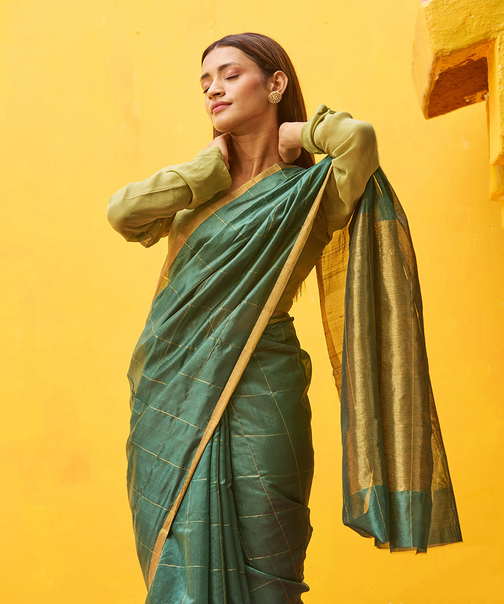 Handloom_Green_Pure_Silk_Chanderi_Saree_With_Zari_Checks_WeaverStory_01