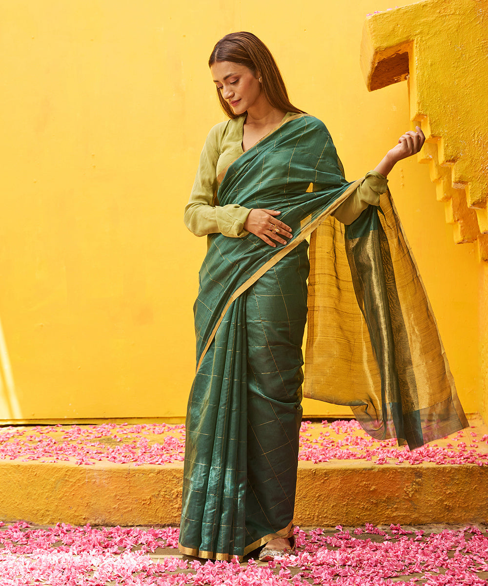 Handloom_Green_Pure_Silk_Chanderi_Saree_With_Zari_Checks_WeaverStory_02