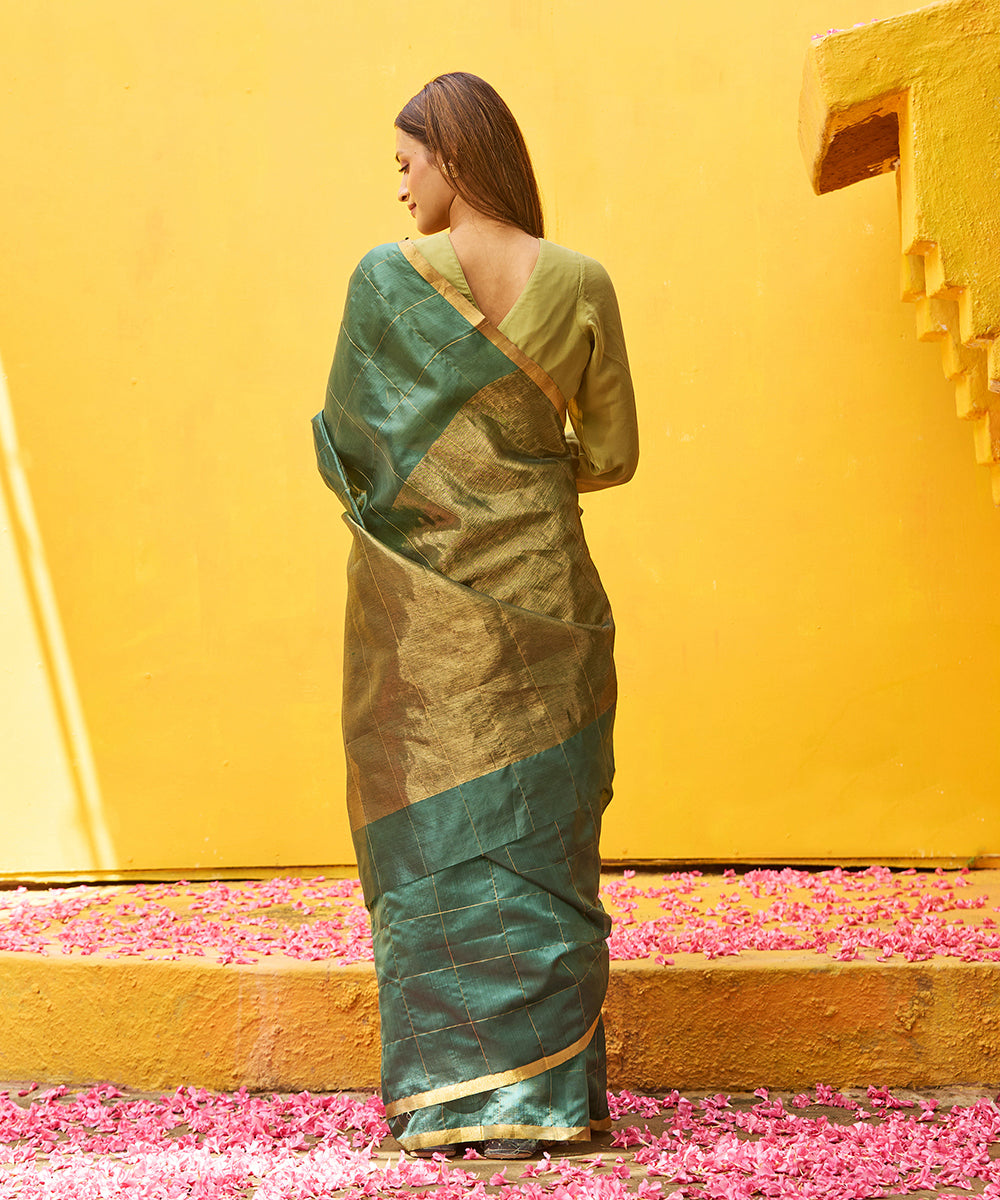 Handloom_Green_Pure_Silk_Chanderi_Saree_With_Zari_Checks_WeaverStory_03