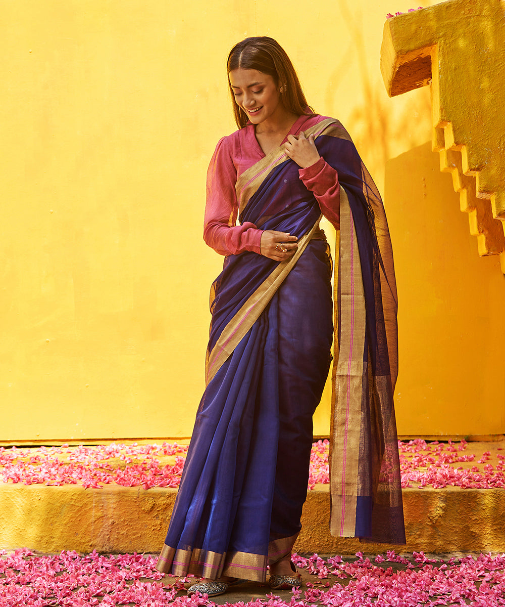 Blue_Handloom_Pure_Cotton_Silk_Chanderi_Saree_With_Gold_Zari_Border_WeaverStory_02