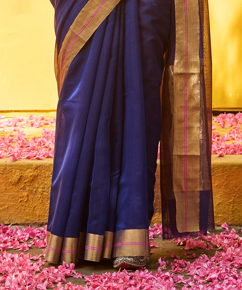 Blue_Handloom_Pure_Cotton_Silk_Chanderi_Saree_With_Gold_Zari_Border_WeaverStory_04