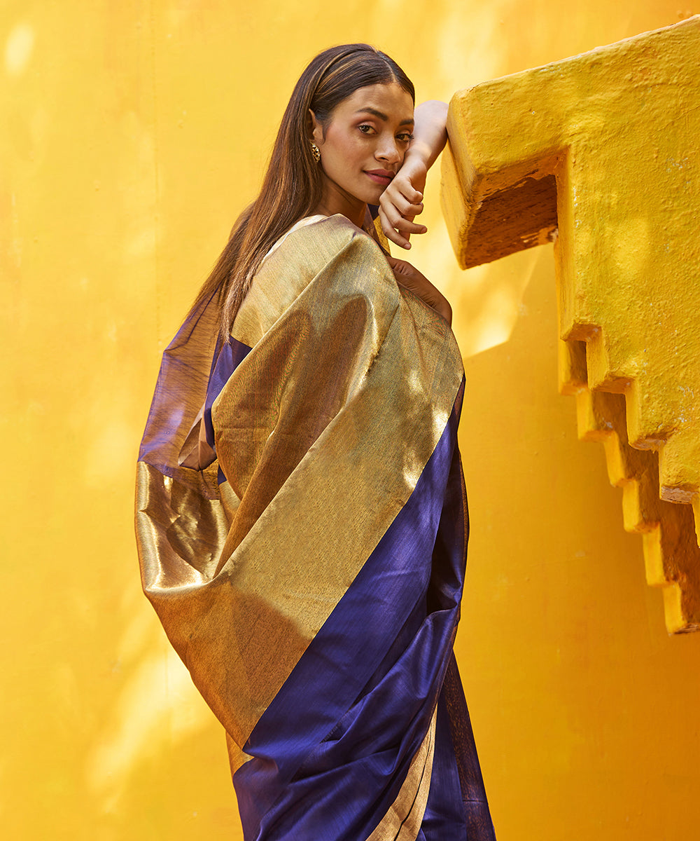 Dark_Blue_Handloom_Pure_Cotton_Silk_Chanderi_Saree_With_Gold_Zari_Border_WeaverStory_01