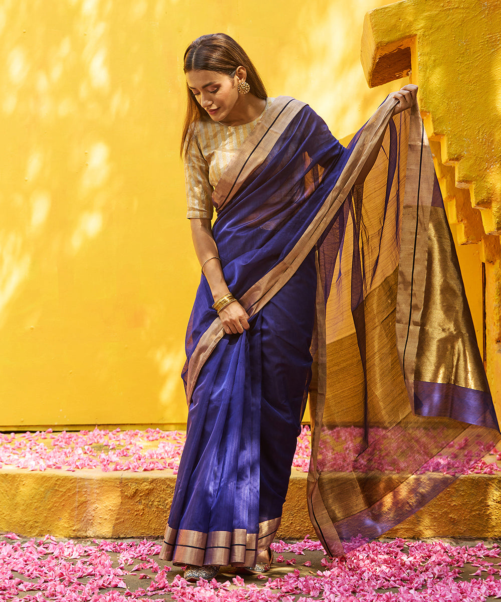 Dark_Blue_Handloom_Pure_Cotton_Silk_Chanderi_Saree_With_Gold_Zari_Border_WeaverStory_02