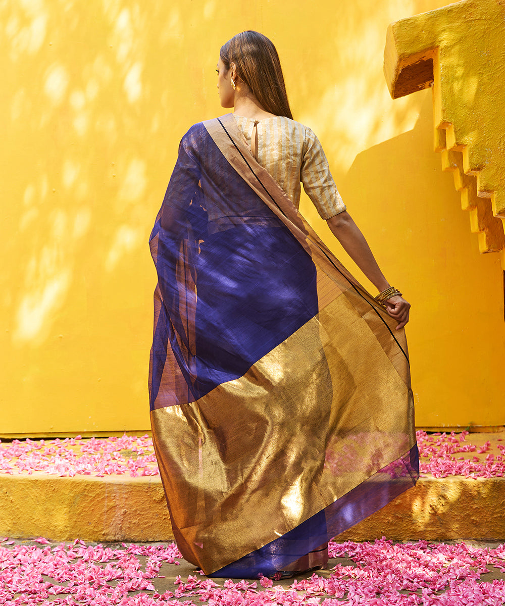 Dark_Blue_Handloom_Pure_Cotton_Silk_Chanderi_Saree_With_Gold_Zari_Border_WeaverStory_03