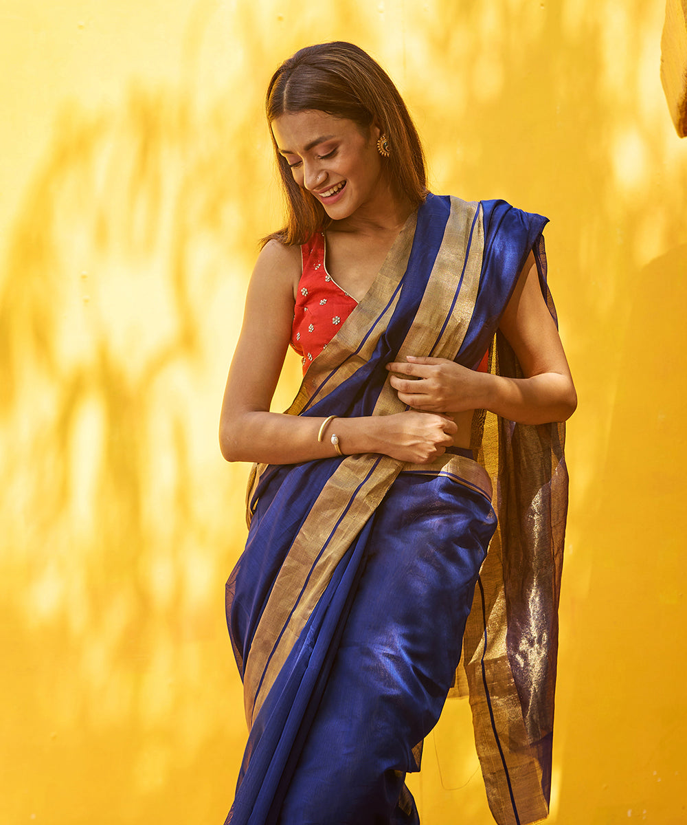 Dark_Blue_Handloom_Pure_Cotton_Silk_Chanderi_Saree_With_Gold_Zari_Border_And_Detailing_WeaverStory_01