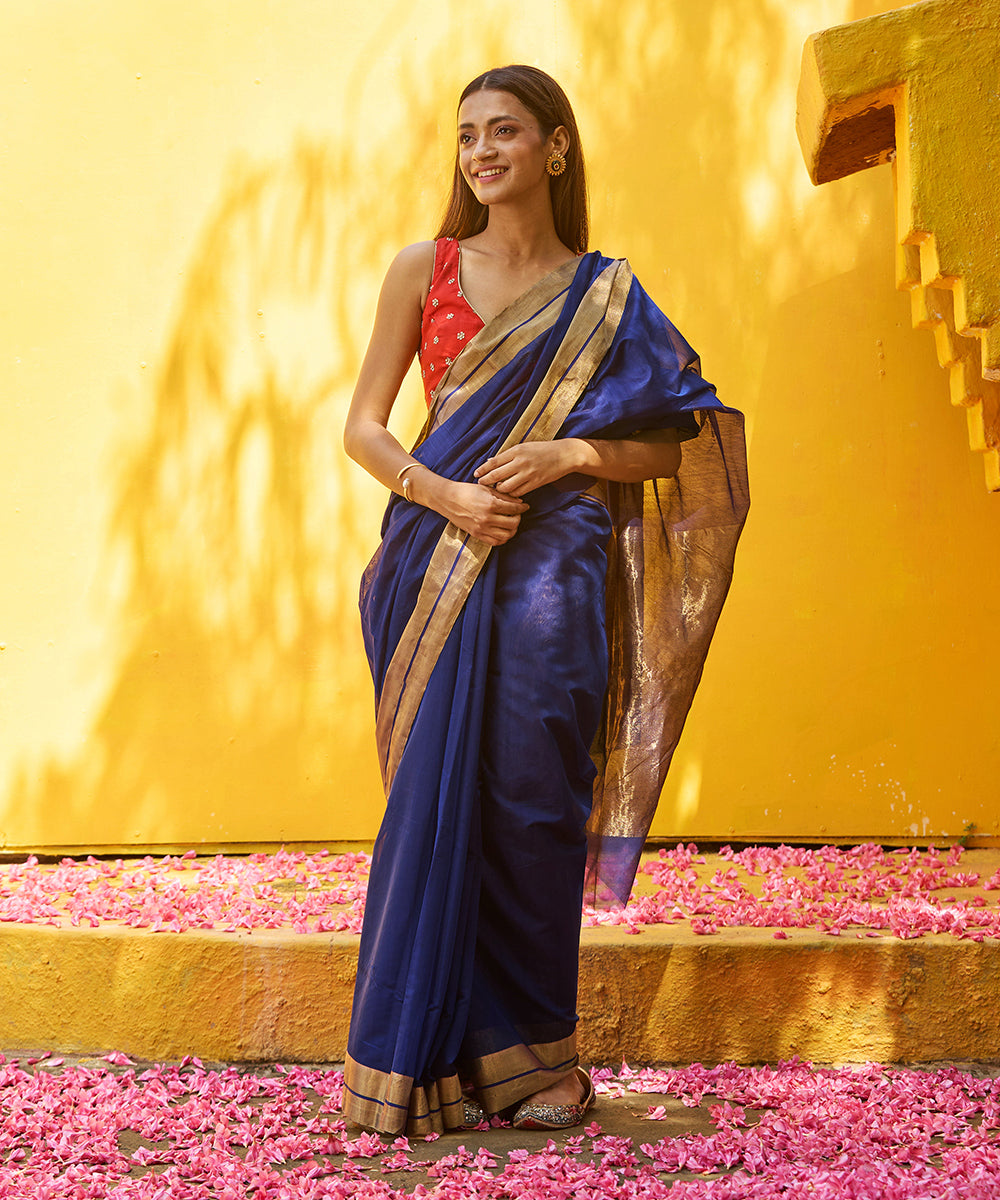 Dark_Blue_Handloom_Pure_Cotton_Silk_Chanderi_Saree_With_Gold_Zari_Border_And_Detailing_WeaverStory_02