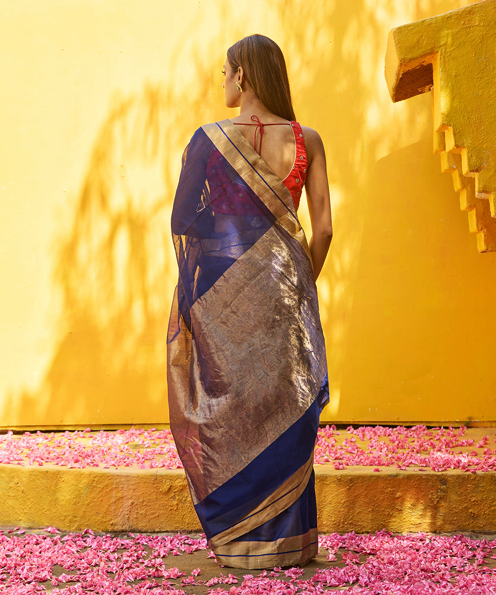 Dark_Blue_Handloom_Pure_Cotton_Silk_Chanderi_Saree_With_Gold_Zari_Border_And_Detailing_WeaverStory_03