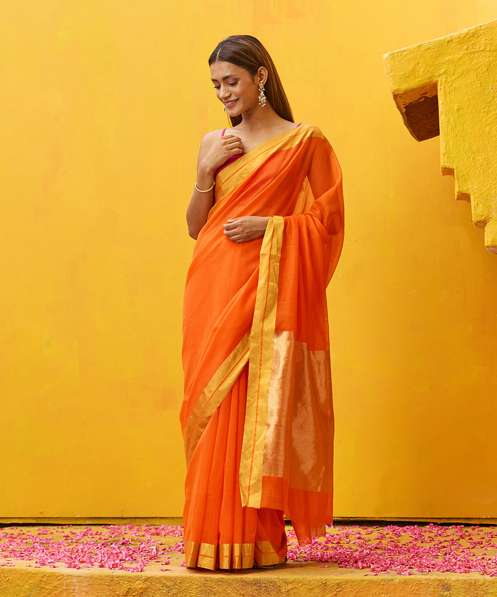 Orange_Handloom_Pure_Cotton_Silk_Chanderi_Saree_With_Gold_Zari_Border_WeaverStory_02