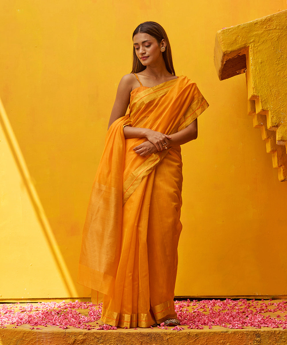 Handloom_Mango_Pure_Yellow_Cotton_Silk_Chanderi_Saree_With_Gold_Zari_Border_WeaverStory_02