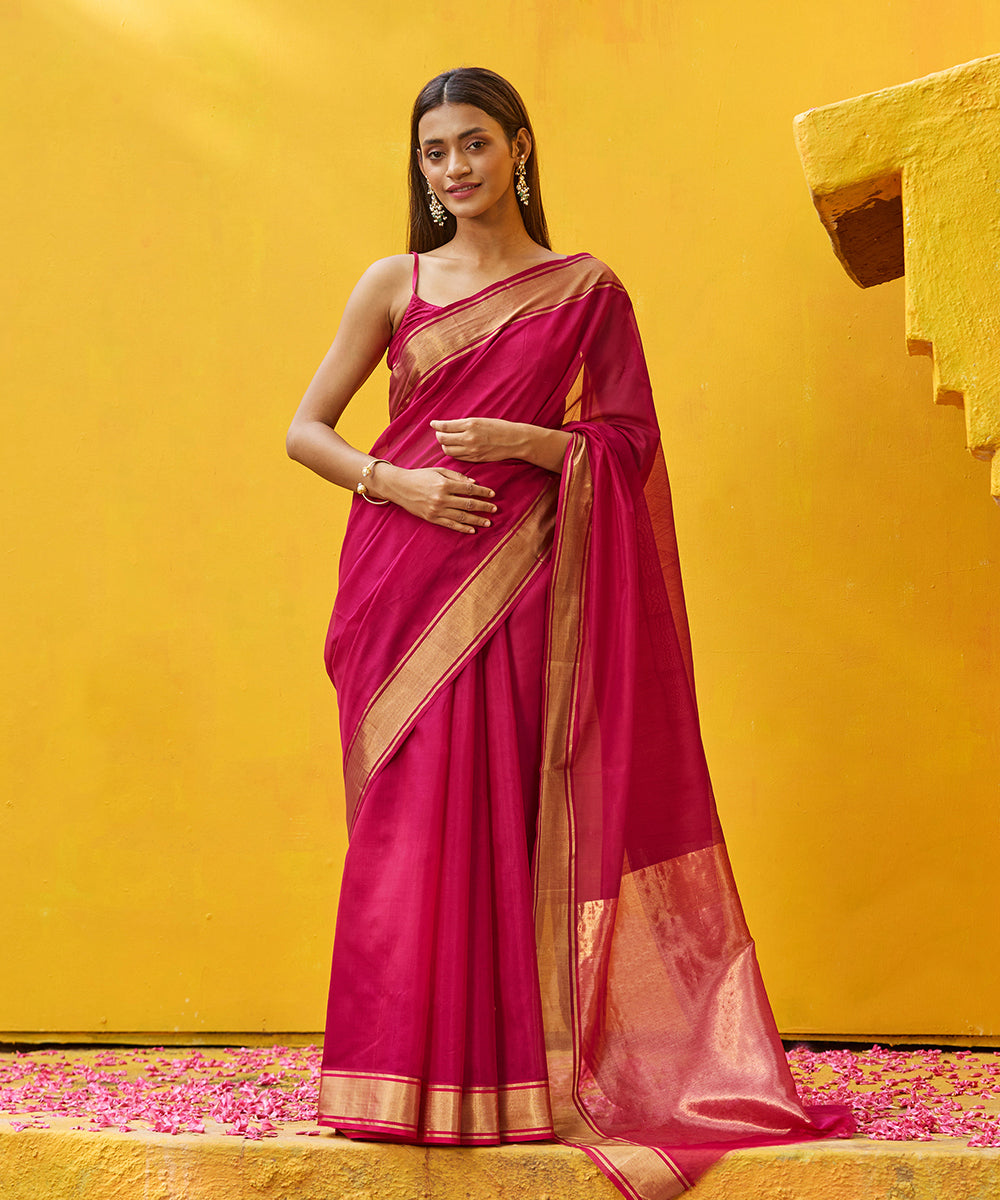 Rani_Pink_Handloom_Pure_Cotton_Silk_Chanderi_Saree_With_Gold_Zari_Border_WeaverStory_02