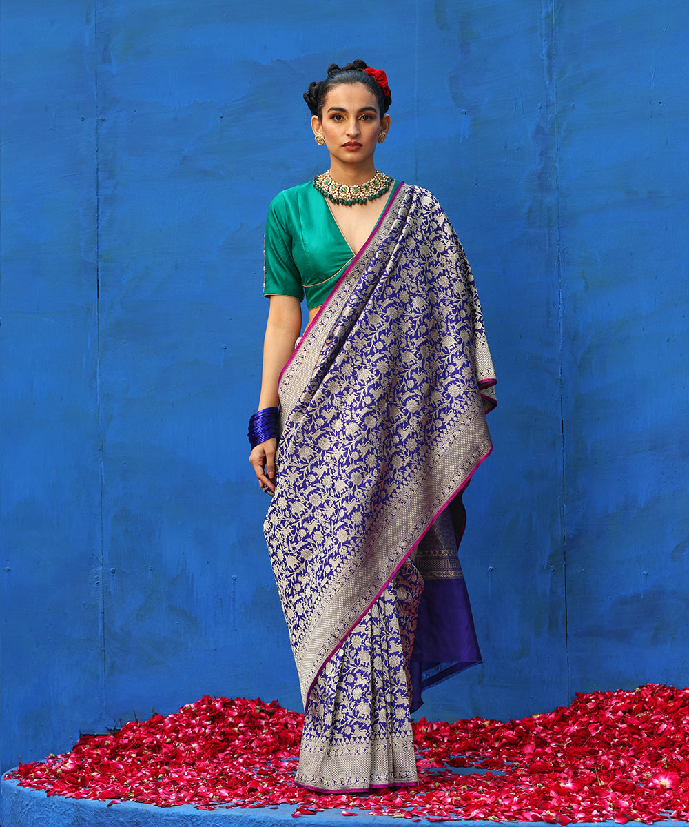 Handloom_Ink_Blue_Pure_Katan_Silk_Brocade_Shikargah_Banarasi_Saree_WeaverStory_02
