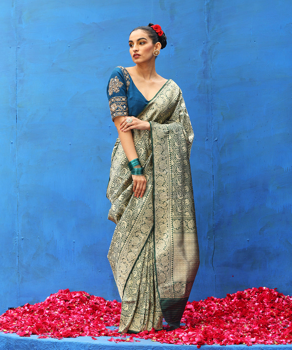 Handloom_Dark_Green_Parrot_Pure_Katan_Silk_Shikargah_Banarasi_Saree_With_And_Elephant_Motifs_WeaverStory_02
