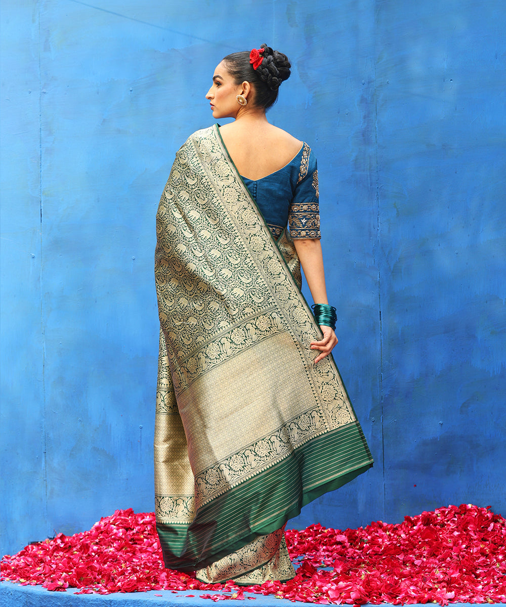 Handloom_Dark_Green_Parrot_Pure_Katan_Silk_Shikargah_Banarasi_Saree_With_And_Elephant_Motifs_WeaverStory_03