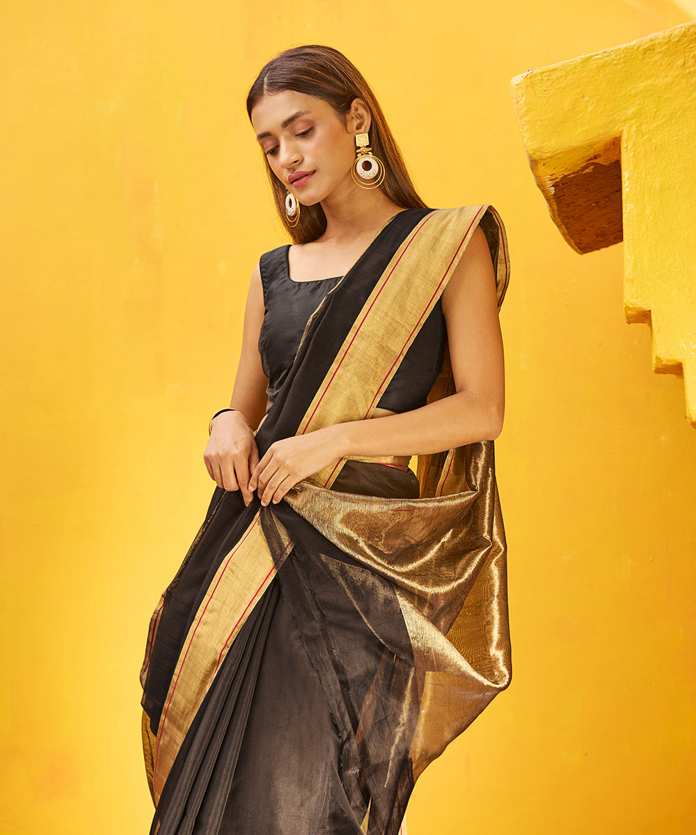 Handloom_Black_Pure_Cotton_Chanderi_Saree_With_Gold_Zari_Border_WeaverStory_01