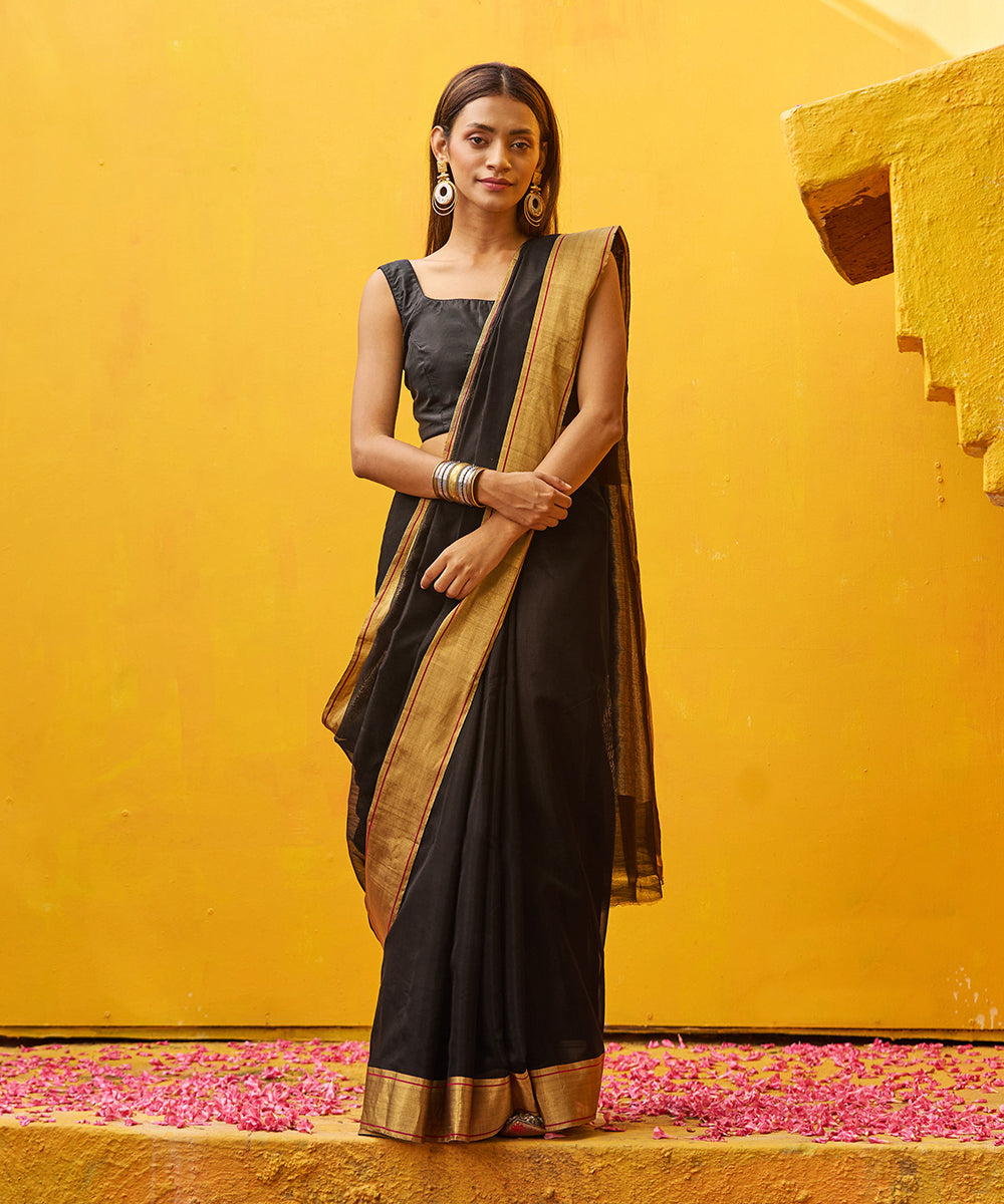 Handloom_Black_Pure_Cotton_Chanderi_Saree_With_Gold_Zari_Border_WeaverStory_02
