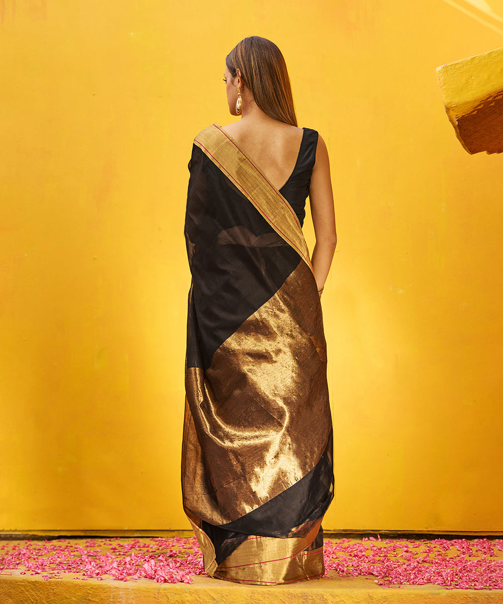 Handloom_Black_Pure_Cotton_Chanderi_Saree_With_Gold_Zari_Border_WeaverStory_03