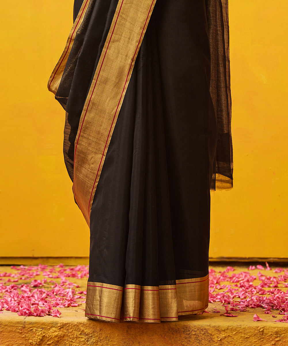 Handloom_Black_Pure_Cotton_Chanderi_Saree_With_Gold_Zari_Border_WeaverStory_04
