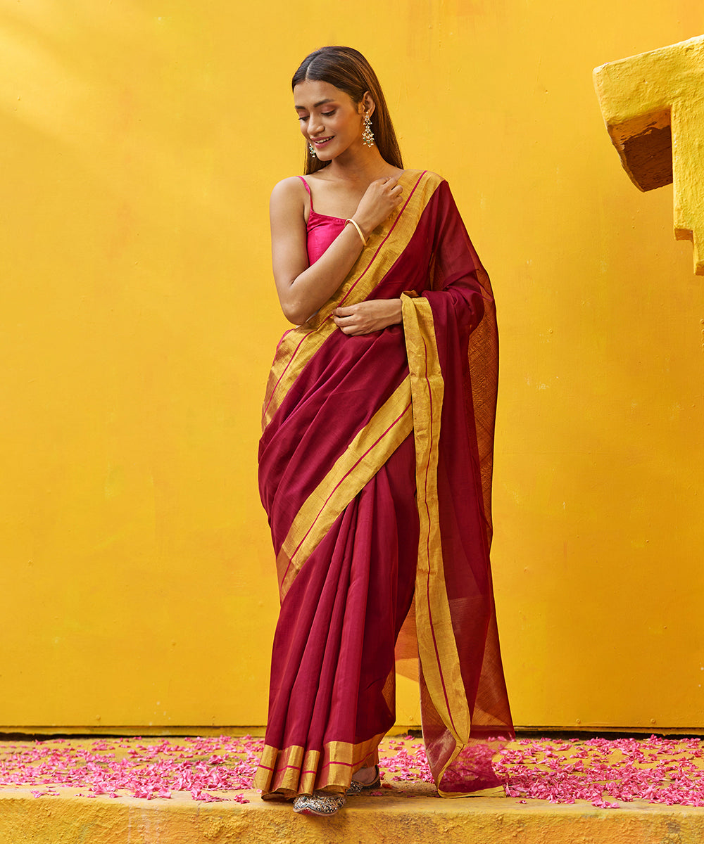 Maroon_Cotton_Silk_Pure_Chanderi_Handloom_Saree_With_Gold_Zari_Border_WeaverStory_02