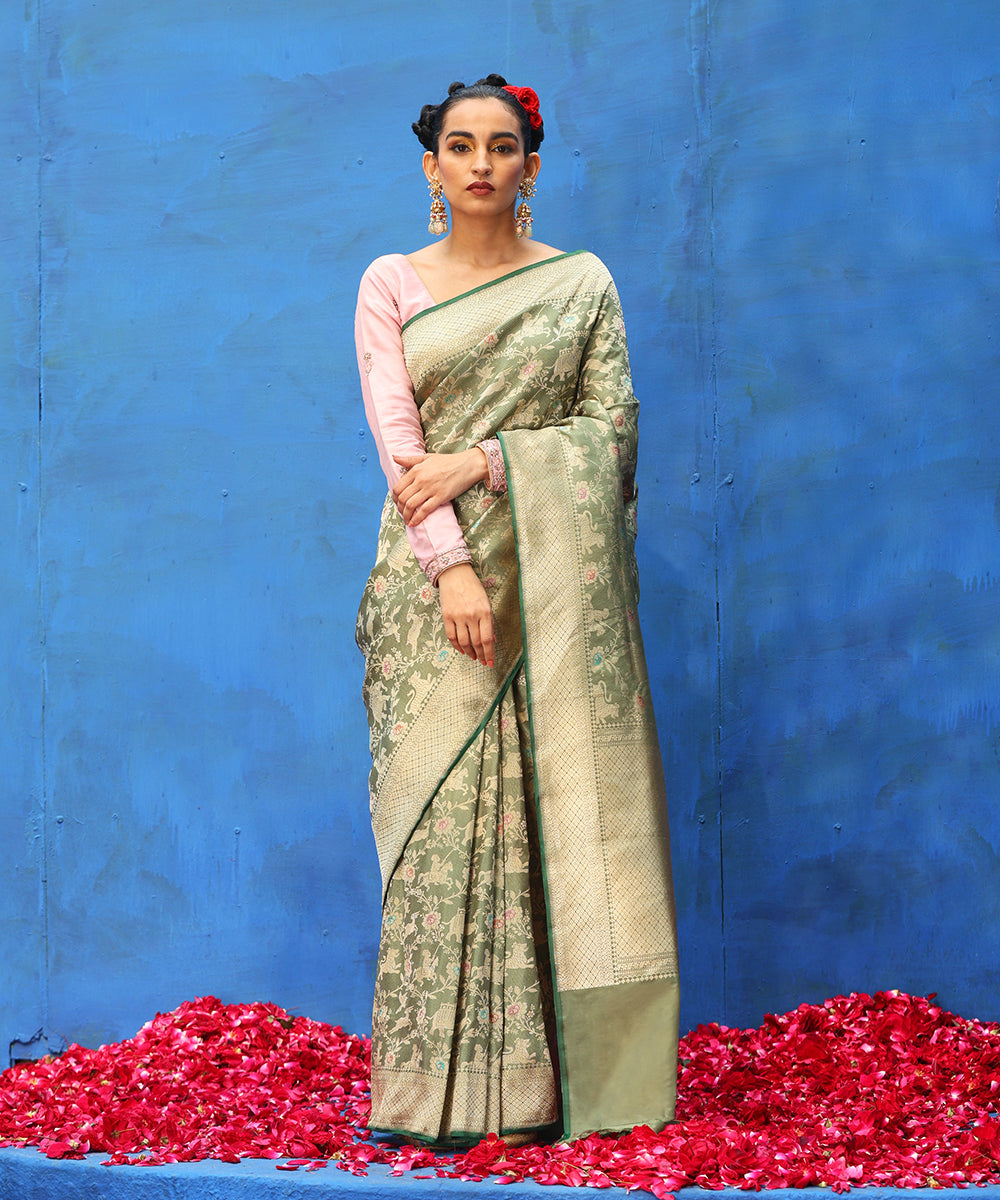Sage_Green_Handloom_Pure_Katan_Silk_Shikargah_Banarasi_Saree_With_Meenakari_WeaverStory_02
