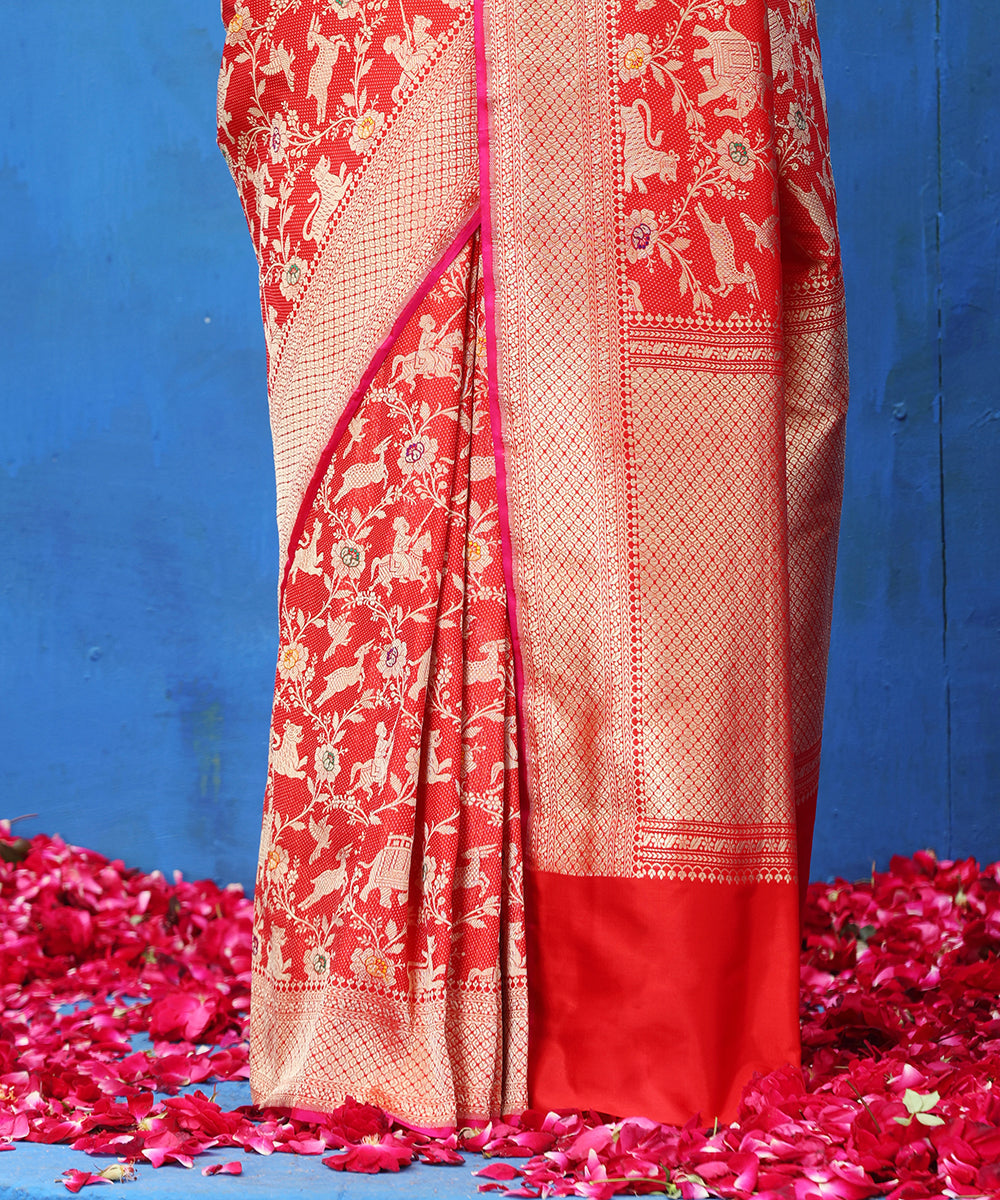 Red_Handloom_Pure_Katan_Silk_Shikargah_Banarasi_Saree_With_Meenakari_WeaverStory_04