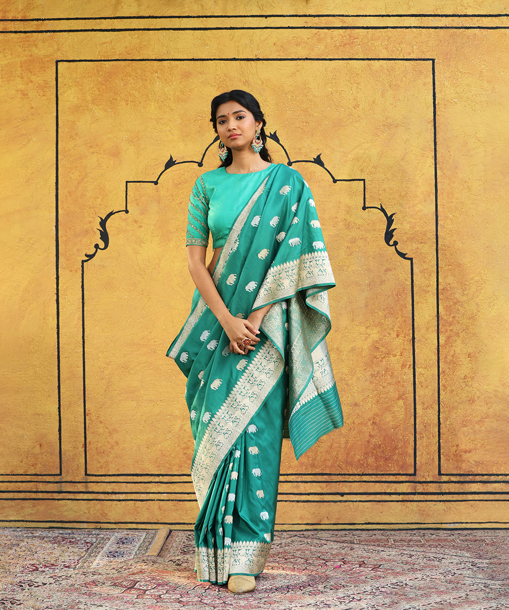 Teal_Handloom_Pure_Katan_Silk_Banarasi_Saree_With_Elephant_Booti_WeaverStory_02