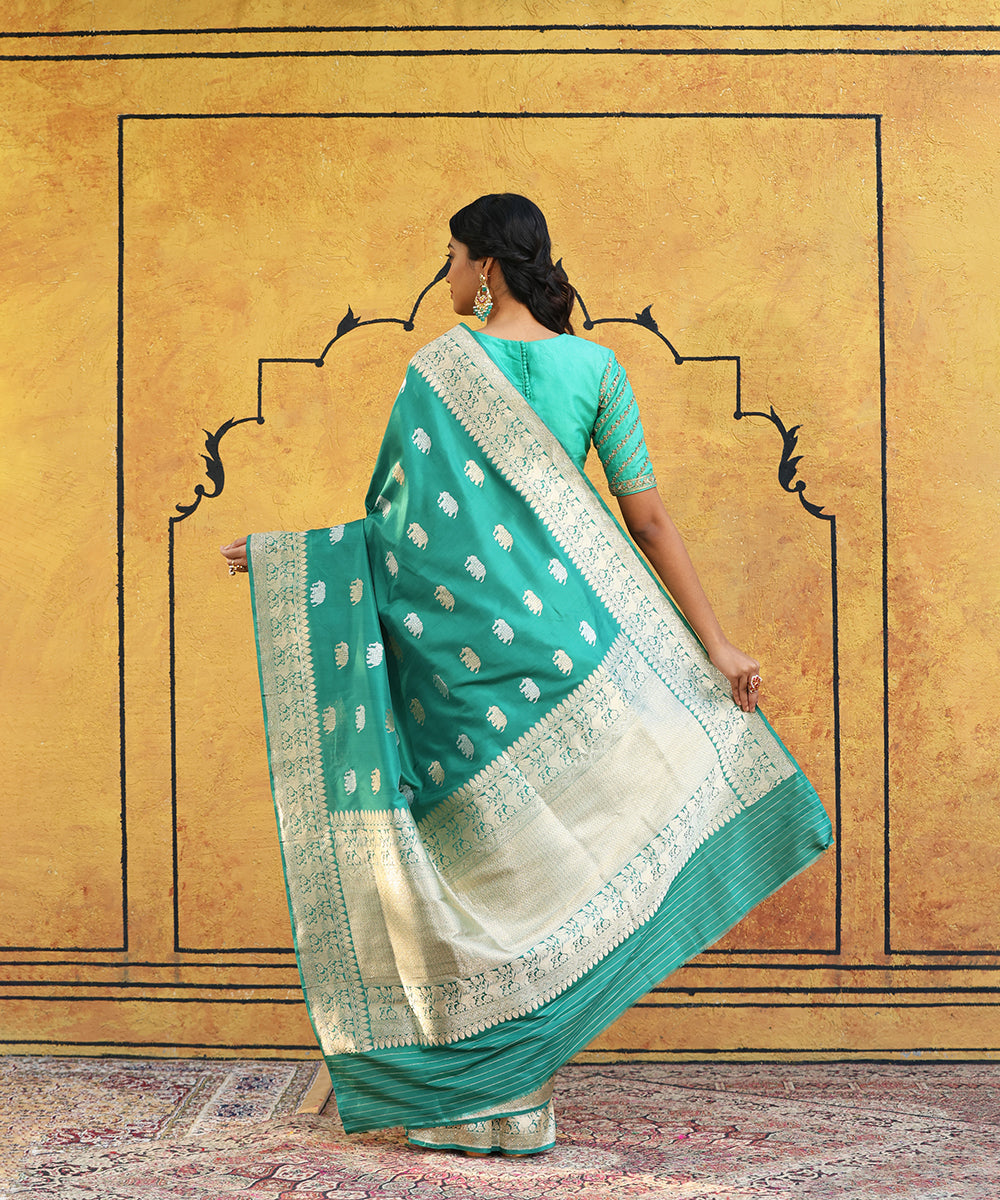Teal_Handloom_Pure_Katan_Silk_Banarasi_Saree_With_Elephant_Booti_WeaverStory_03