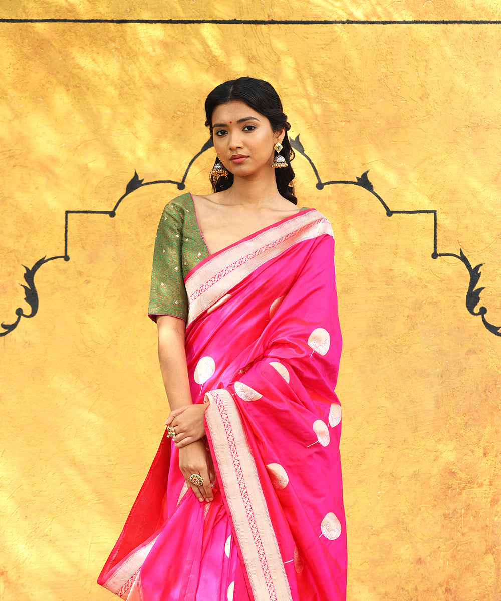 Handloom_Hot_Pink_Pure_Katan_Silk_Banarasi_Saree_With_Elephant_Booti_WeaverStory_01