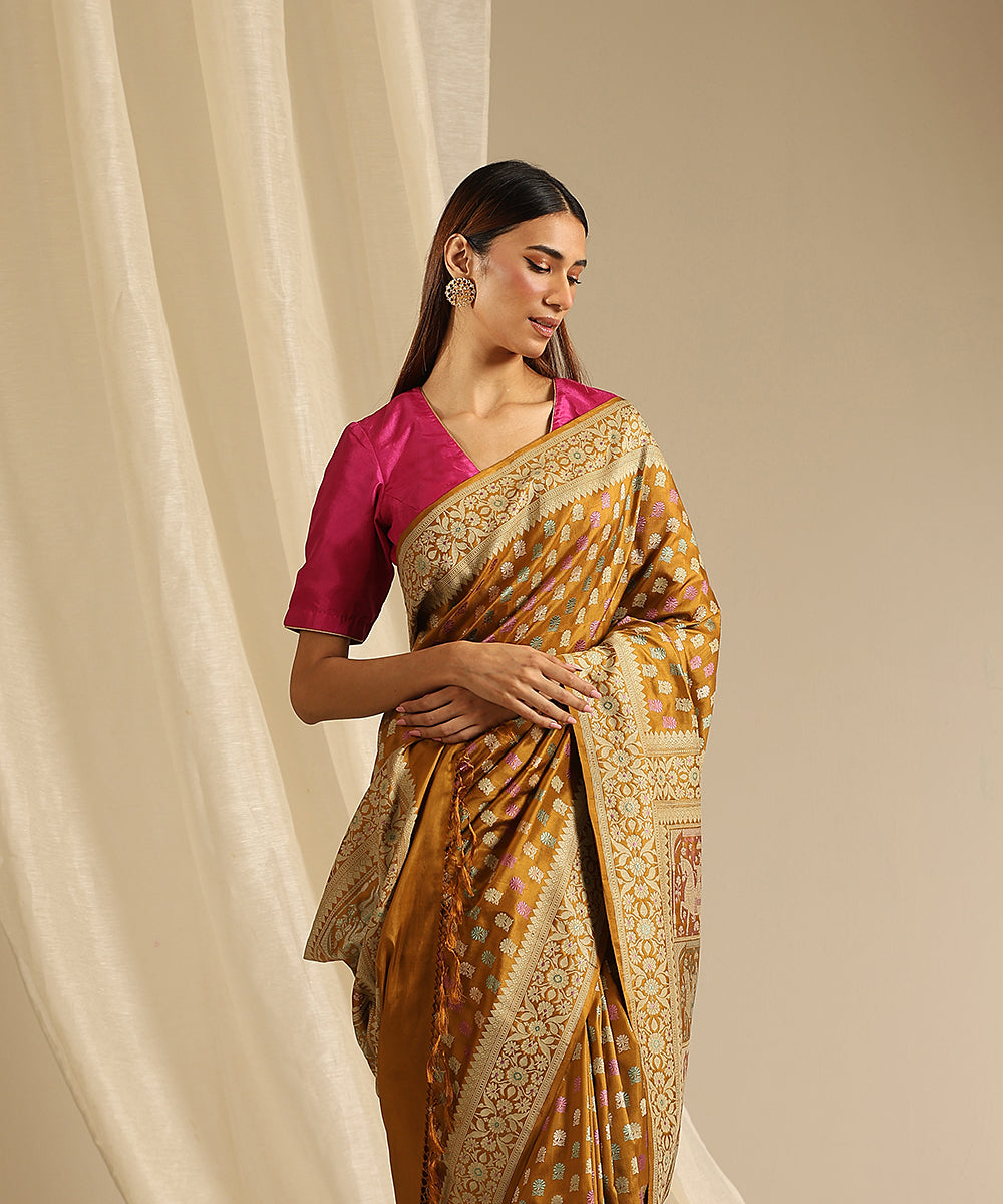 Mustard_Handloom_Pure_Malda_Silk_Banatasi_Baluchari_Saree_With_Horse_Motifs_On_Palla_WeaverStory_01