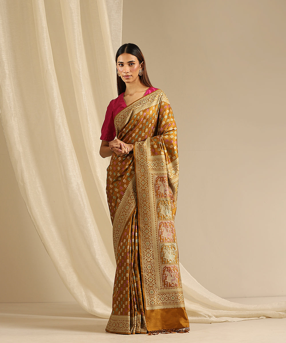 Mustard_Handloom_Pure_Malda_Silk_Banatasi_Baluchari_Saree_With_Horse_Motifs_On_Palla_WeaverStory_02