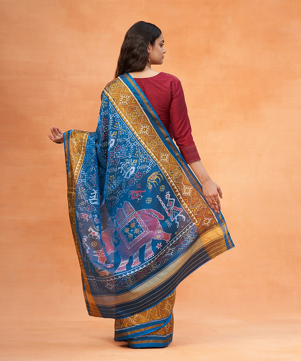 Cobalt_Blue_Handloom_Pure_Mulberry_Silk_Ikat_Patola_Saree_With_Mustard_Border_WeaverStory_03