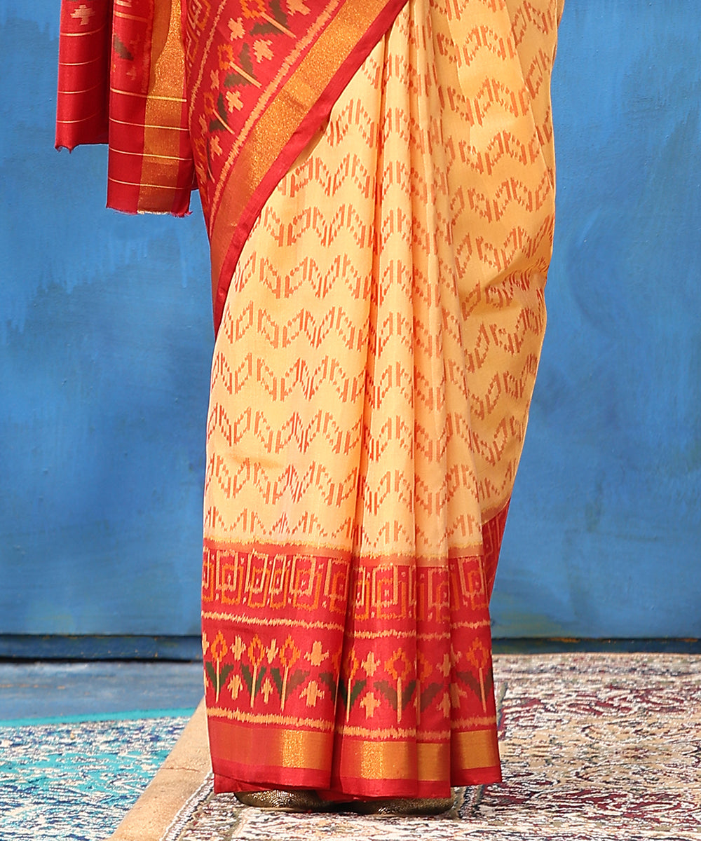 Beige_And_Red_Handloom_Pure_Mulberry_Silk_Ikat_Patola_Saree_With_Tissue_Border_WeaverStory_04