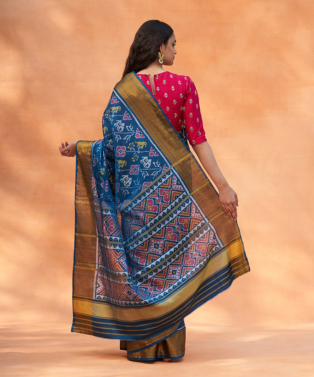 Handloom_Teal_Blue_Pure_Mulberry_Silk_Ikat_Patola_Saree_With_Tissue_Border_WeaverStory_03
