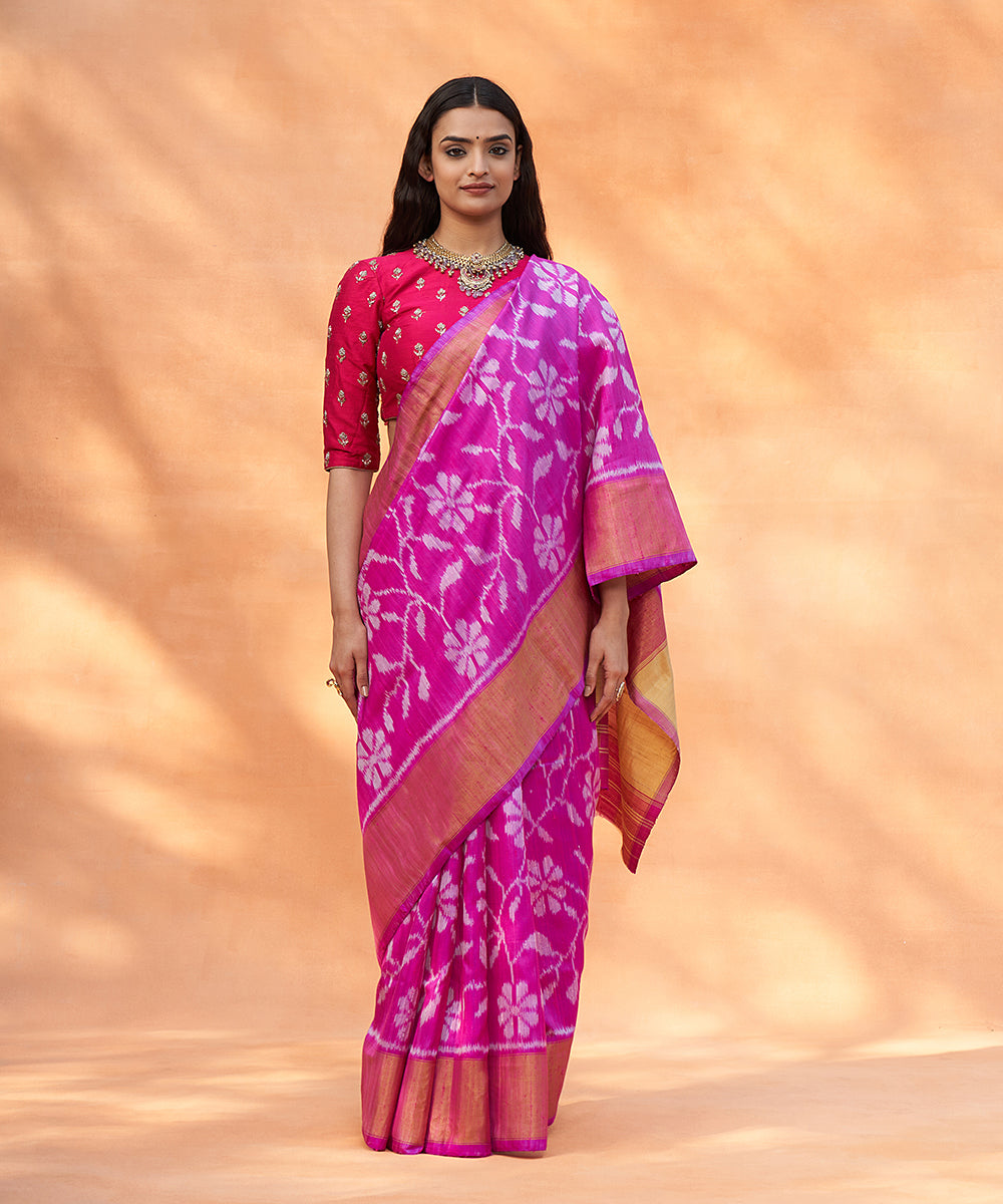 Pink_And_Yellow_Handloom_Pure_Raw_Silk_Ikat_Patola_Saree_With_Zari_Border_WeaverStory_02