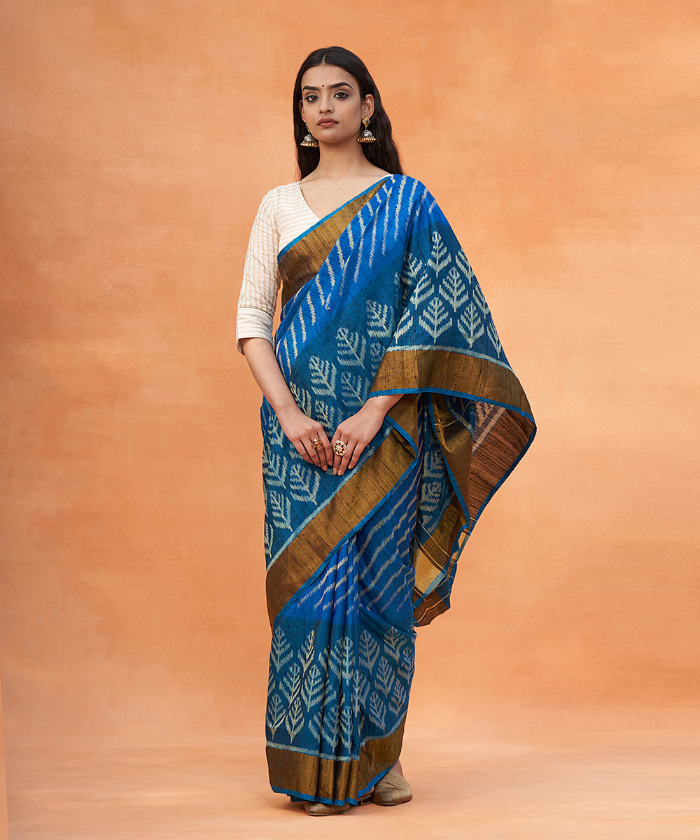 Handloom_Teal_Blue_Pure_Raw_Silk_Ikat_Patola_Saree_With_Zari_Border_WeaverStory_02