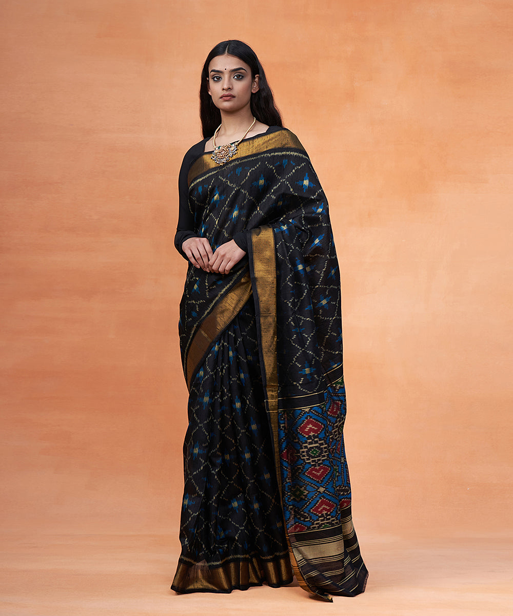 Teal_Blue_And_Black_Pure_Raw_Silk_Ikat_Patola_Saree_With_Zari_Border_WeaverStory_02