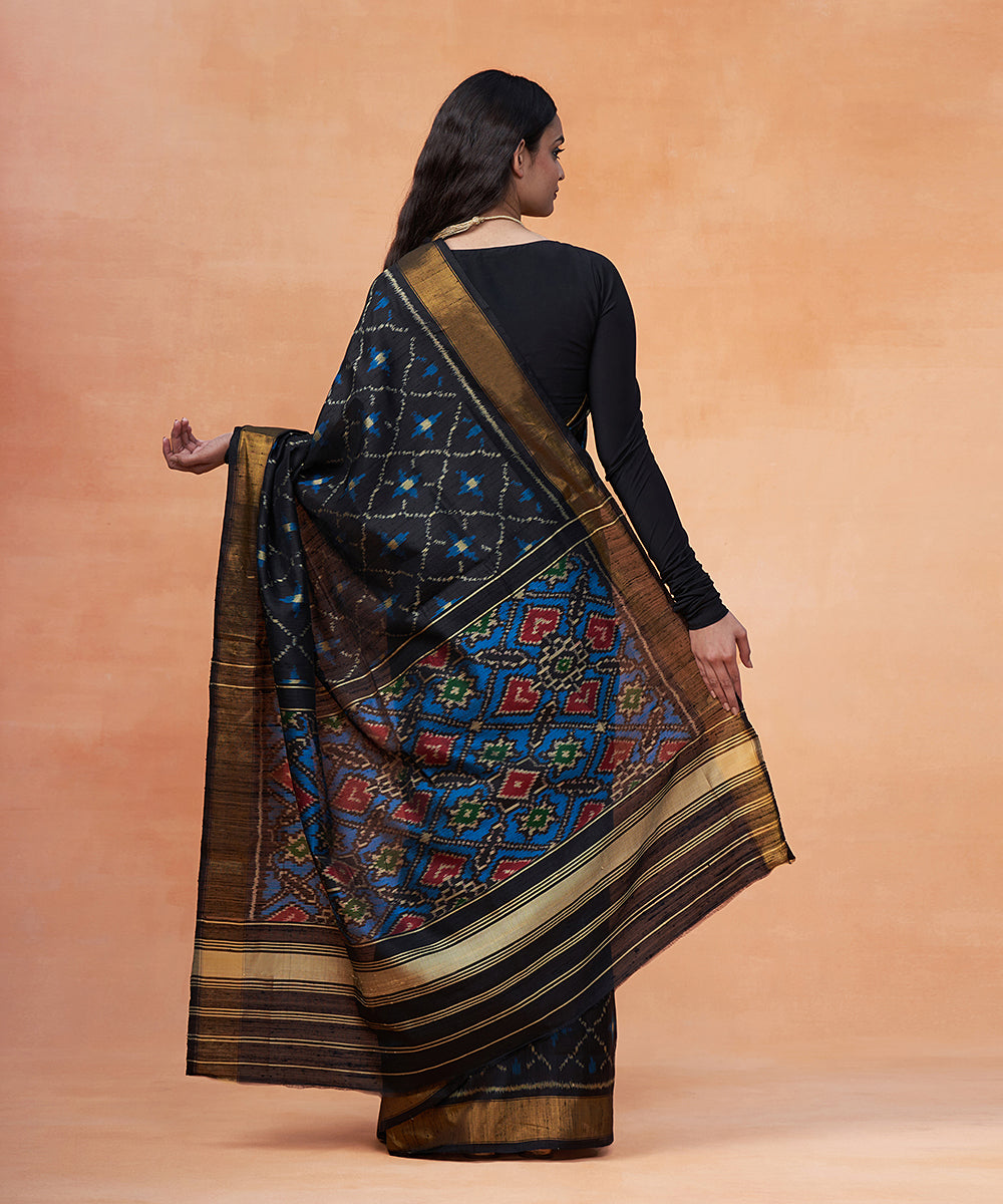 Teal_Blue_And_Black_Pure_Raw_Silk_Ikat_Patola_Saree_With_Zari_Border_WeaverStory_03