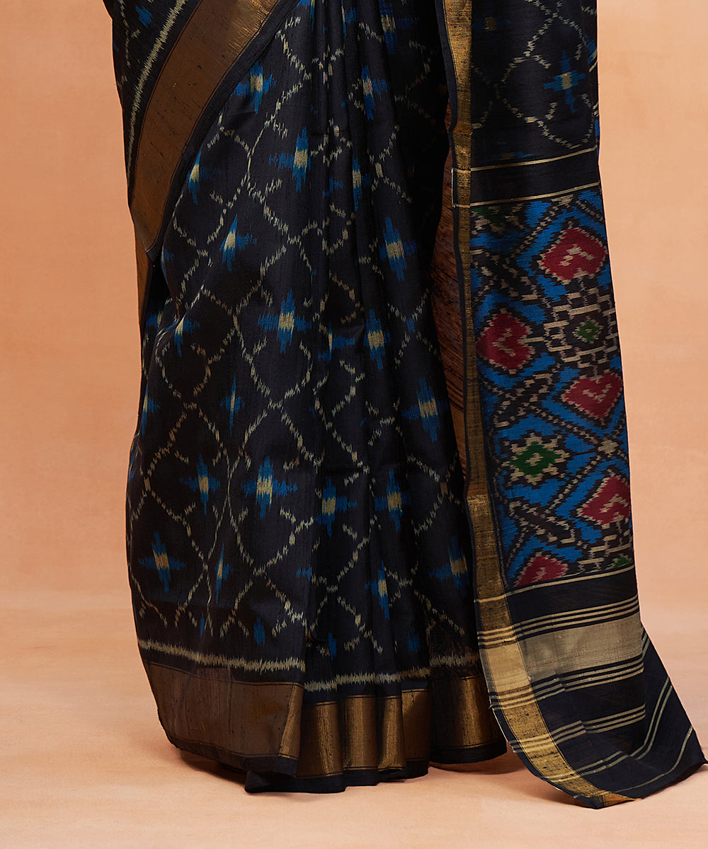 Teal_Blue_And_Black_Pure_Raw_Silk_Ikat_Patola_Saree_With_Zari_Border_WeaverStory_04