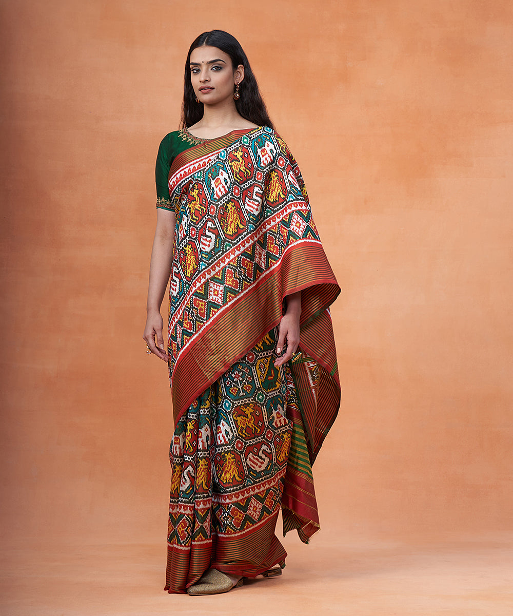 Green_And_Maroon_Pure_Mulberry_Tissue_Ikat_Patola_Saree_With_Animal_Motifs_WeaverStory_02