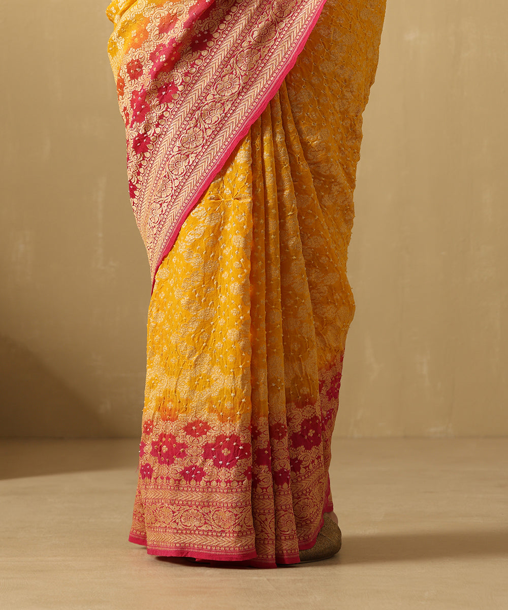 Handloom_Yellow_And_Magenta_Ombre_Dyed_Pure_Georgette_Banarasi_Bandhej_Saree_WeaverStory_04