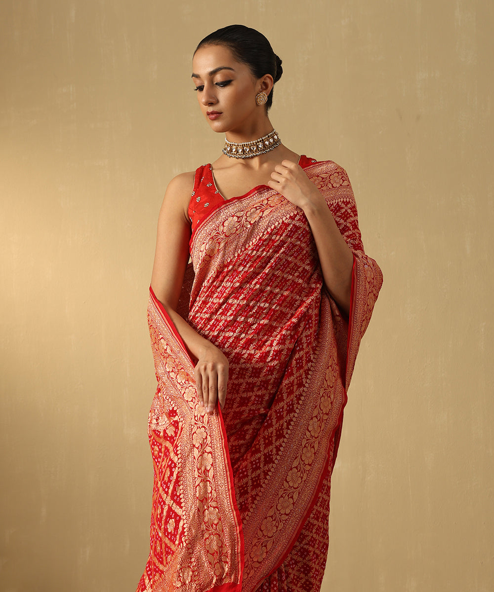 Handloom_Red_Pure_Georgette_Banarasi_Bandhej_Saree_WeaverStory_01