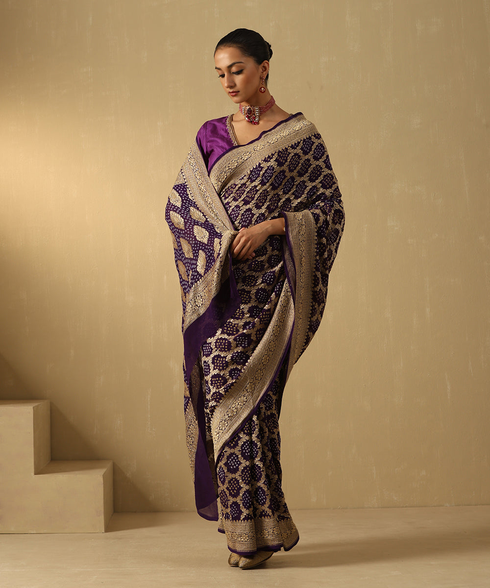 Deep_Handloom_Purple_Pure_Georgette_Banarasi_Bandhej_Saree_WeaverStory_02