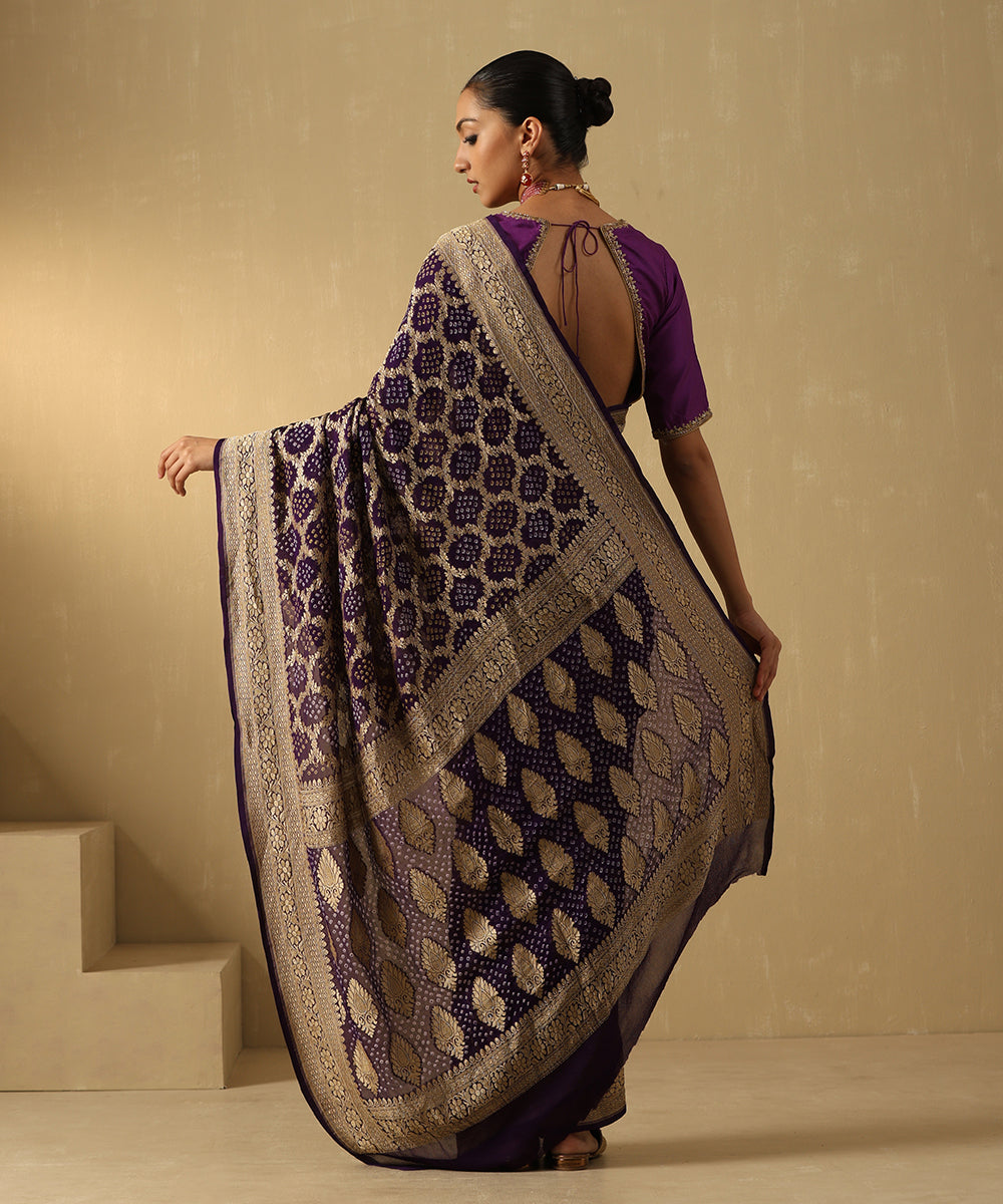 Deep_Handloom_Purple_Pure_Georgette_Banarasi_Bandhej_Saree_WeaverStory_03
