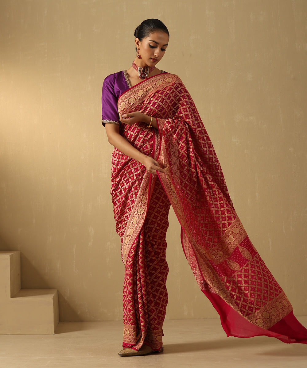 Handloom_Deep_Magenta_Pure_Georgette_Banarasi_Bandhej_Saree_WeaverStory_02