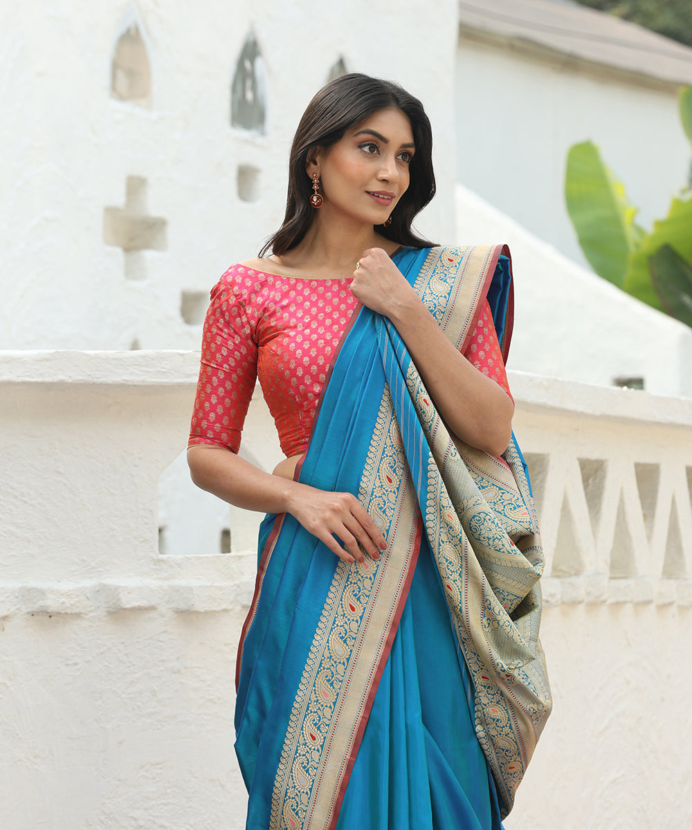 Handloom_Blue_Dual_Tone_Pure_Katan_Silk_Banarasi_Saree_With_Konia_Palla_WeaverStory_01