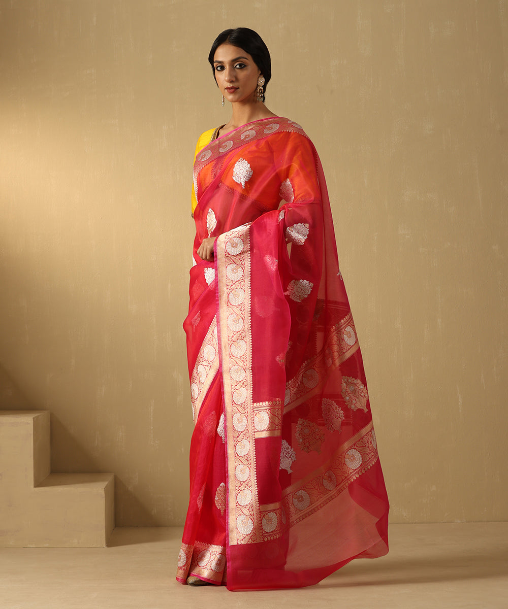 Hot_Pink_Handloom_Pure_Kora_Silk_Banarasi_Saree_With_Sona_Rupa_Booti_WeaverStory_02