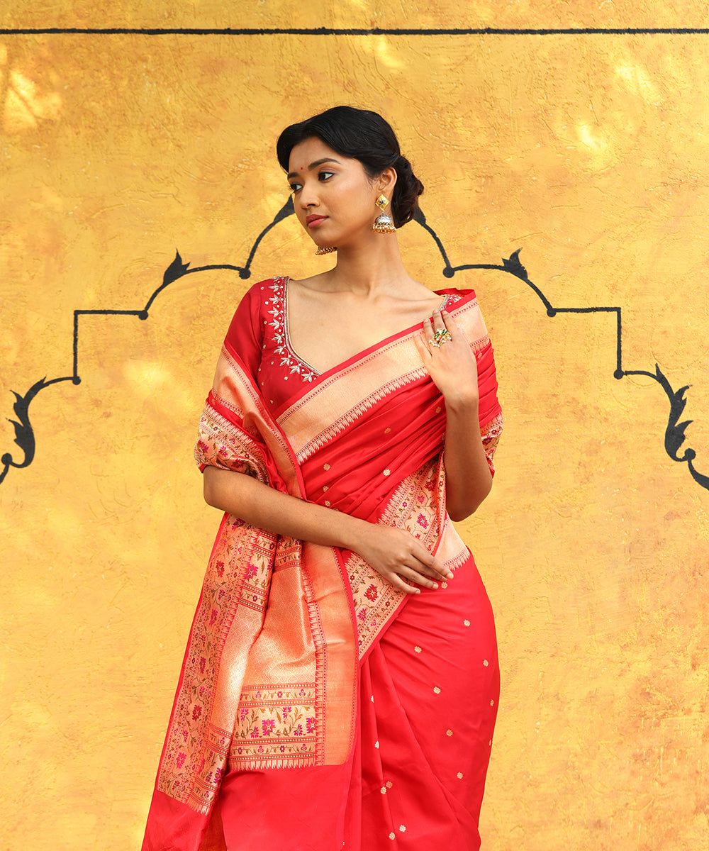 Handloom_Red_Pure_Katan_Silk_Banarasi_Saree_With_Paithani_Meenakari_Border_WeaverStory_01