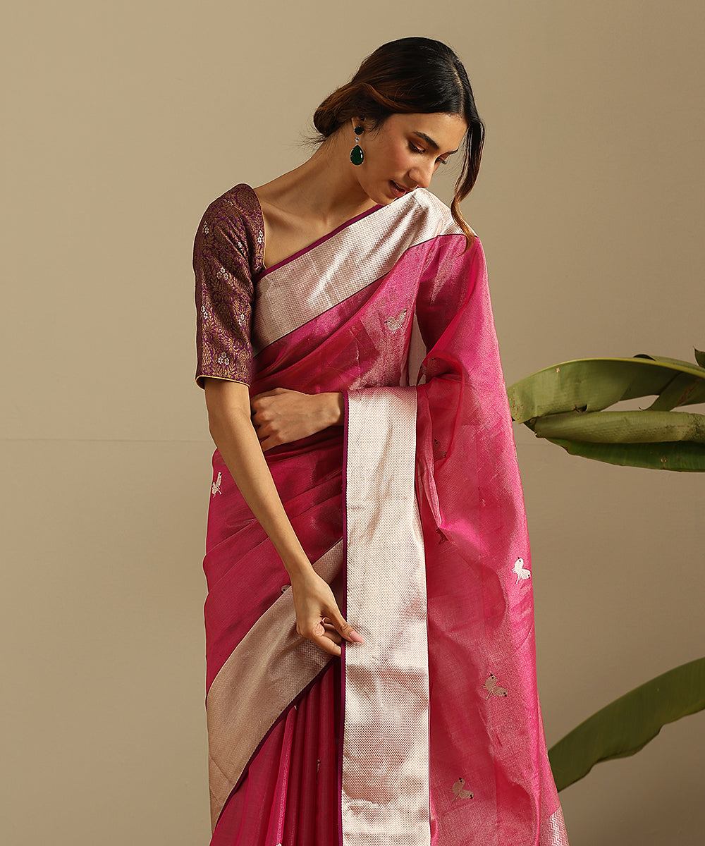 Handloom_Pink_Pure_Tissue_Chanderi_Saree_With_Twin_Bird_Motifs_And_Broad_Zari_Border_WeaverStory_01