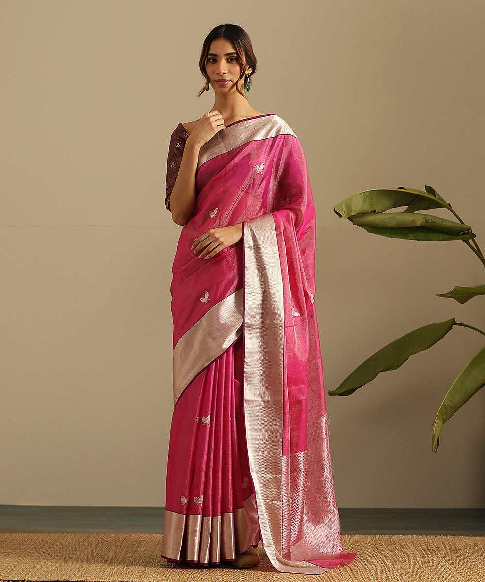 Handloom_Pink_Pure_Tissue_Chanderi_Saree_With_Twin_Bird_Motifs_And_Broad_Zari_Border_WeaverStory_02