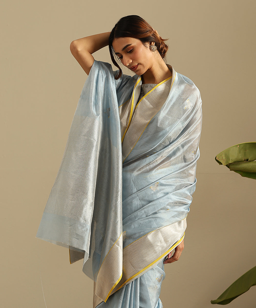 Blue - Handloom Thread Buti Chanderi Cotton Saree 11